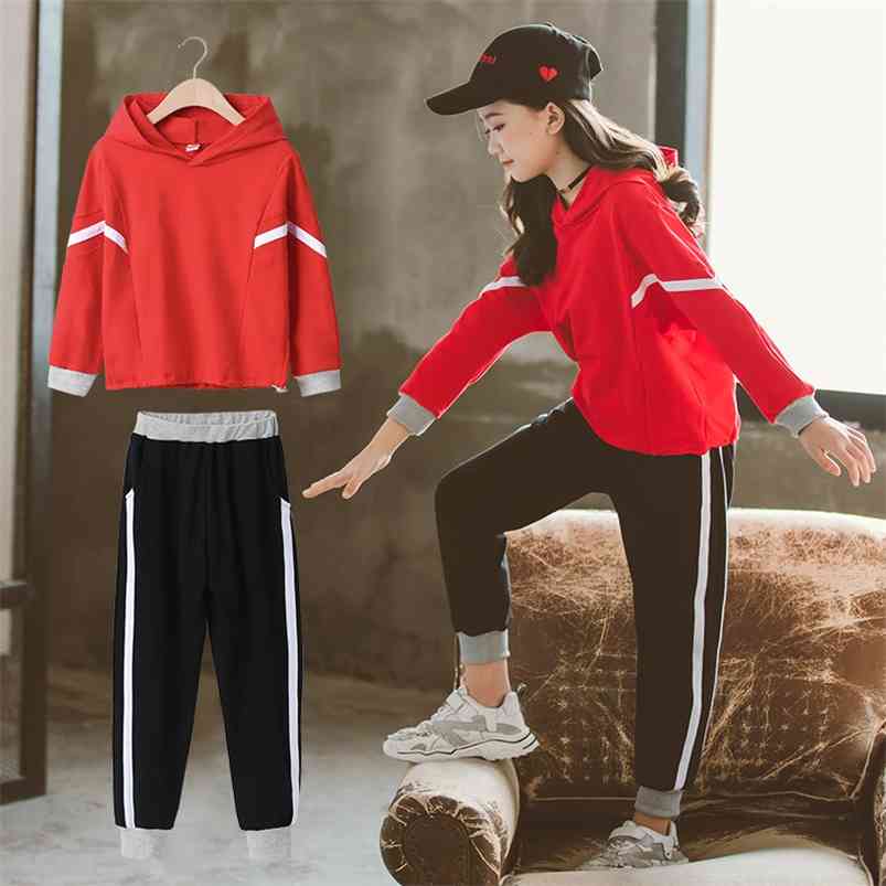 

Autumn Children Sets Casual Long Sleeve Hooded T-shirt Leisure Sports Pants Active 2Pcs Girls Clothes 3-12T 210629, Pink