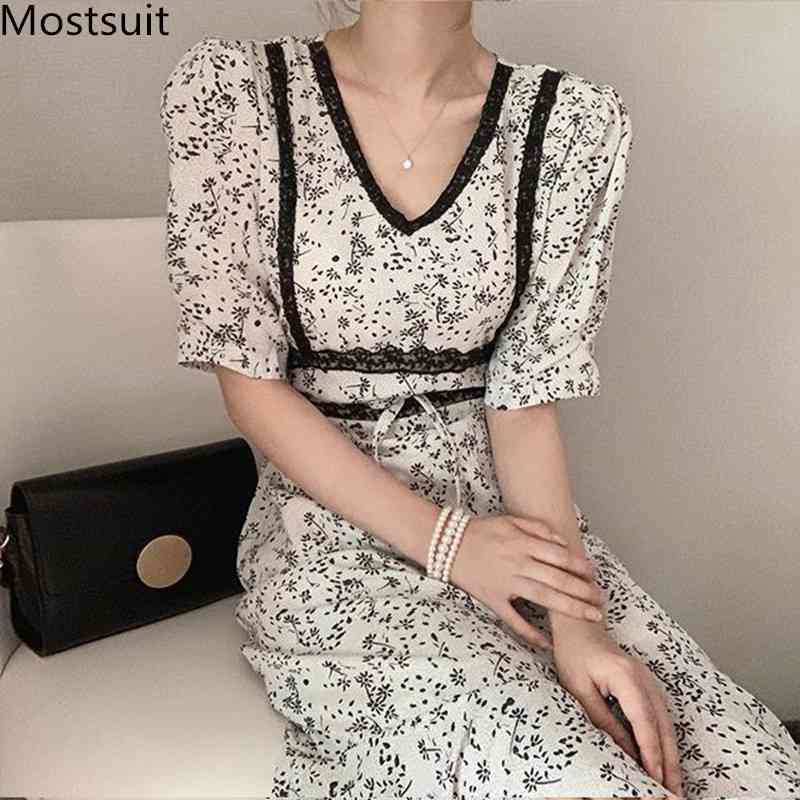 

Summer Korean Floral Printed Long Dress Women Lace Spliced Short Sleeve V-neck Dresses Vintage Fashion Sweet Vestidos Femme 210518, White