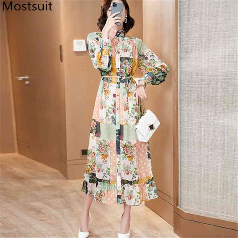 

Runway Fashion Vintage Printed Long Maxi Dress Women Sleeve Stand Collar Belted Single-breasted Beach Party Elegant Dresses 210518, Picture color