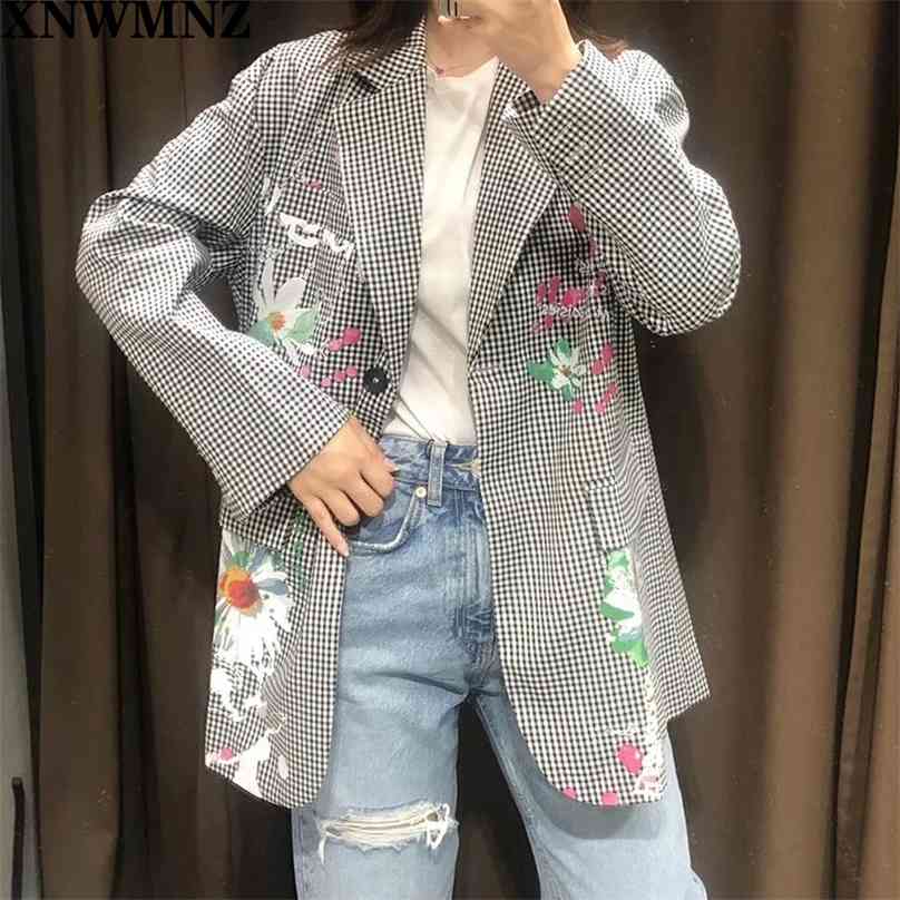 

British Style Plaid Suit Blazer Women daisy flowers Print Outerwear Female Plus Size Jacket Chic Coats 210520, Gray