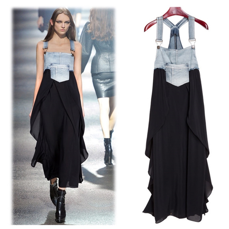

Summer Autumn Denim Black Dress Women Sundress Casual Stitch Loose Jeans Overalls Strap Fold Cotton Chiffon 210603