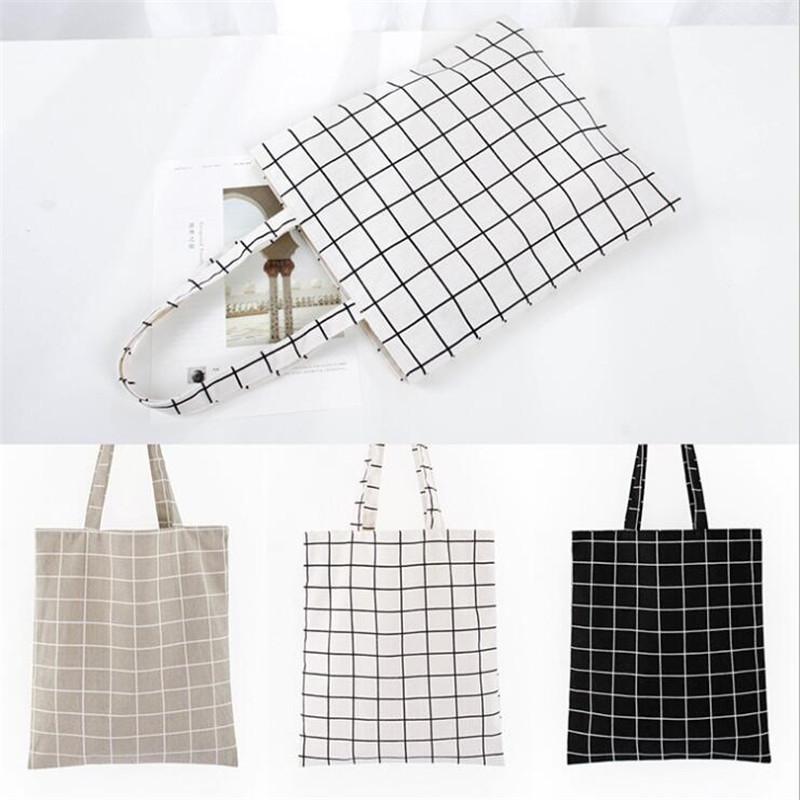 

Shopping Bags Canvas Tote Bag Casual Women Grid Solid Fashion Foldable ReusableHigh Capacity HandBag Eco, Gray monolayer