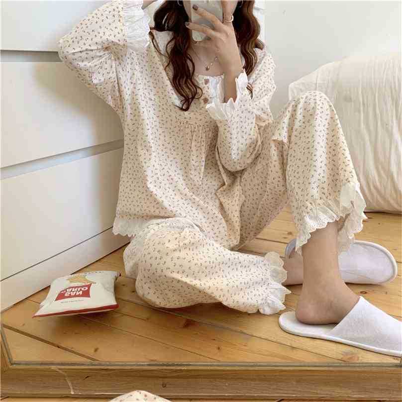 

Two Pieces Suit Sweet Printing Lace Nightwear Cotton Pullover Casual Loose Fashion Long Sleeves Pajamas Set 210525, Photo color