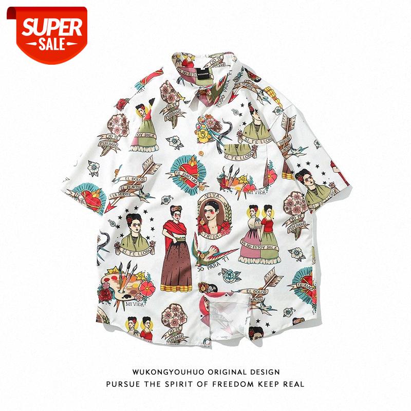 

Men's American Retro Full Printed Shirt Loose Couple Super Fire Weiyi Casual Men and Women #5D58, White;black