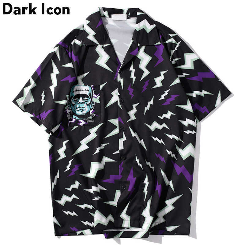 

Dark Icon Lightning Printed Hip Hop Shirts Men Summer Harajuku Oversized Shirt Loose Long Sleeve Blouse For Man 210721, Black shirt
