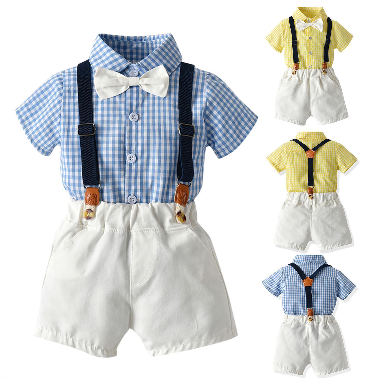 

Toddler Baby Boys Gentleman Bow Tie Plaid T Shirt Tops Suspender Shorts Outfits Roupa Infantil Menina Vetement Fille, White