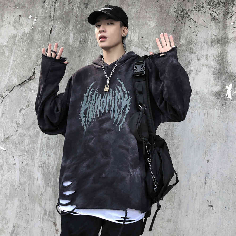

Sweatshirts Tie dye printed burr hole for men Hoodie, Dark gray
