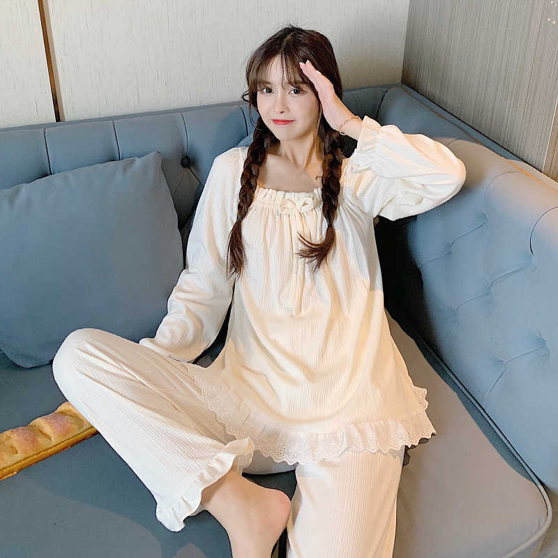

Pyjamas women spring summer autumn cotton Korean princess style solid color long sleeve lovely lace square collar suit thin home clothes, Black;gray