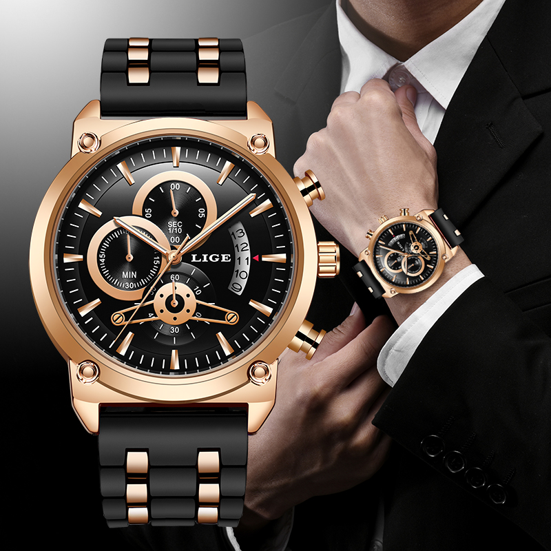 

LIGE New Classic Black Mens Watches Top Brand Luxury Watch For Man Military Silicone Waterproof Quartz Clock Relogio Masculinog, Rose gold blue