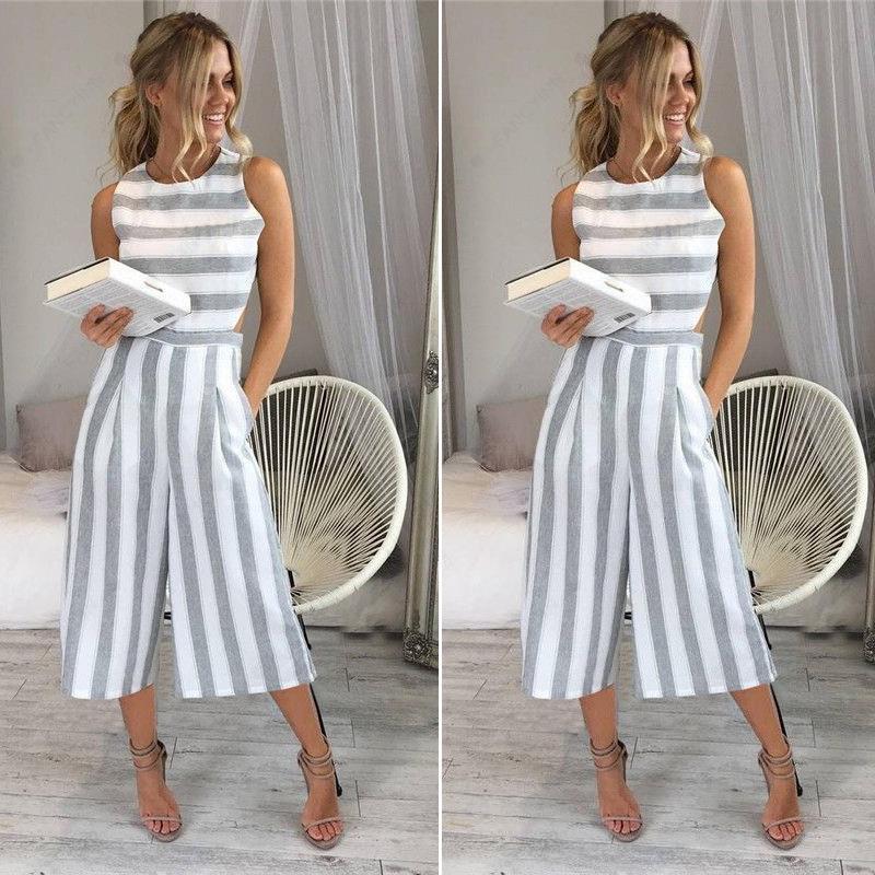 

Striped Overalls Calf Length Women Jumpsuit Wide Pants Girls Cut Out Waist, Black;white