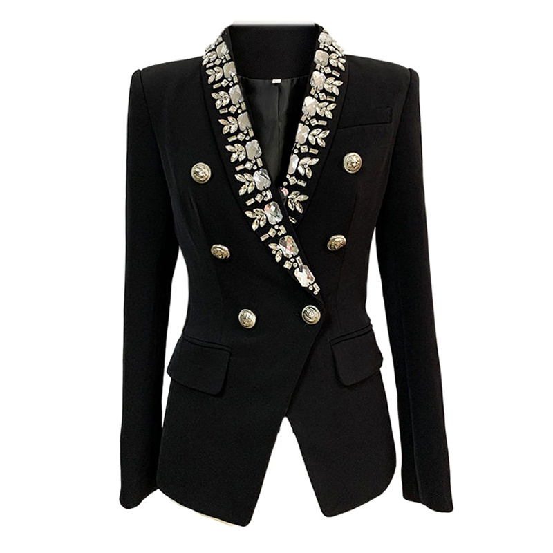 Women&#039;s Suits & Blazers Black Women Jackets High Quality Cotton Embroidered Beading Gold Double-breasted Button Beaded Shawl Colla-image-725522743