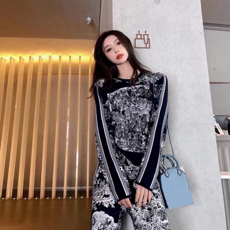 

Designer trendy pants fashion elegant temperament dark blue jungle animal pattern cashmere knit suit unique beauty S-L DR, White