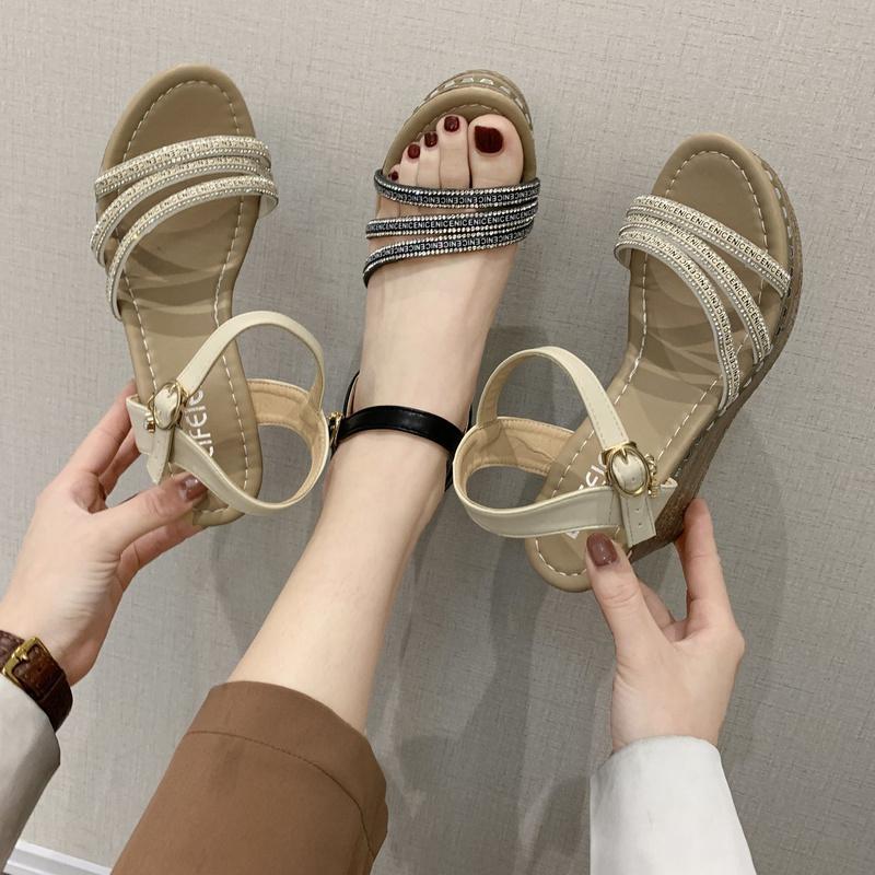 

Sandals 2021 Women Wedge Peep Toe Buckle Shoes Woman Platform Canvas Wedges Fashion Summer Super High Heel For, Beige