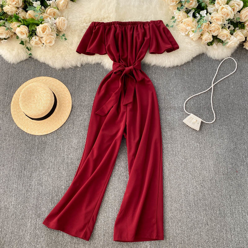 

Women's Jumpsuits & Rompers Leaking clavicle sexy one-line neck strapless jumpsuit goddess fan temperament slim long wide leg pant, Red