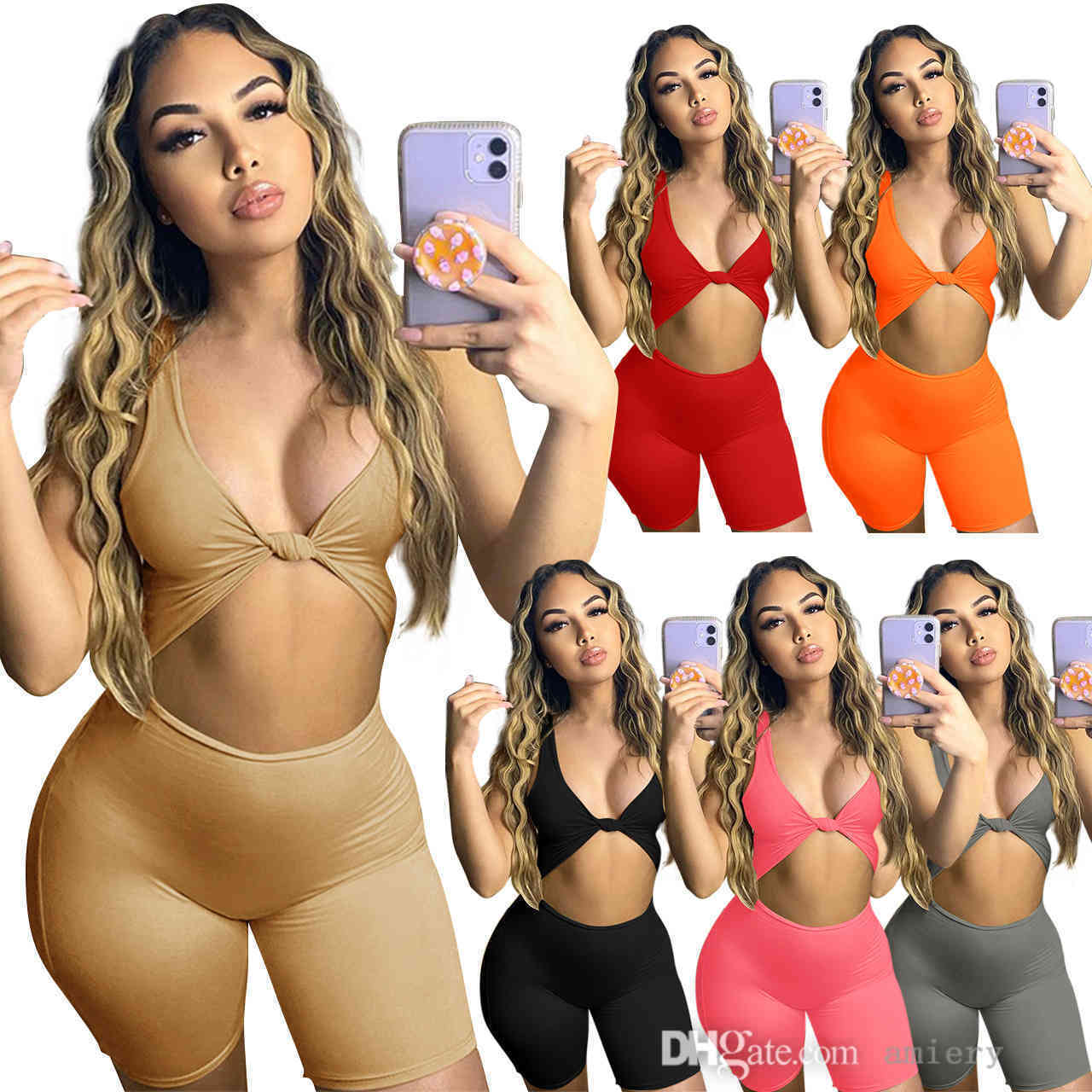 

Summer Women Jumpsuits Sexy Low Cut Halter Solid Color Sleeveless Vest Shorts Sports Rompers Club Tight Fashion Overalls Pants Plus Size, Orange