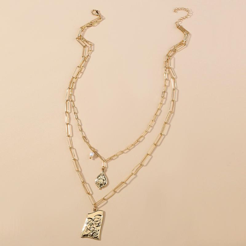 

Chokers Wholesale Fashion -Selling Ornament Plaid Chain Double Layer Necklace Minimalist Relief Character Pendant