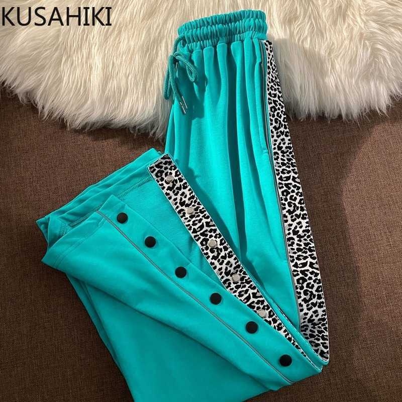 

Woman Pants Leopard Patchwork Buttons Split Wide Leg Pant Causal Lace Up High Waist Long Trousers Spring 6F849 210603, White