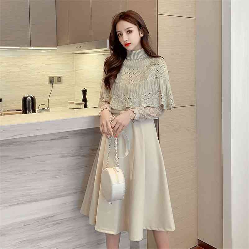 

Autumn Winter Women Dress Casual Turtleneck Shawl Lace Patchwork Button Belt 2 Colour A-line Fashion Knee-Length 210519, Blue dress