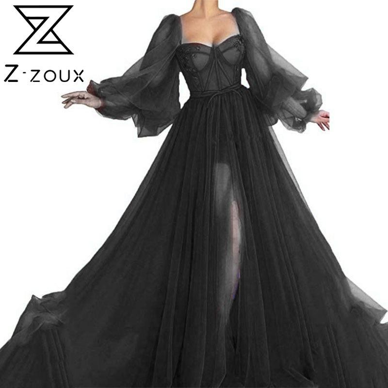 

Women Dress Lantern Sleeve Sexy Prom Dresses Long Plus Size Vintage Mesh Black Red 210524