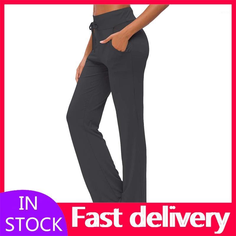 

#VO Leggings Women Solid Color Yoga Pants Trousers WIth Pockets Wide Leg Drawstring Loose Straight Lounge Running Outfit, Black