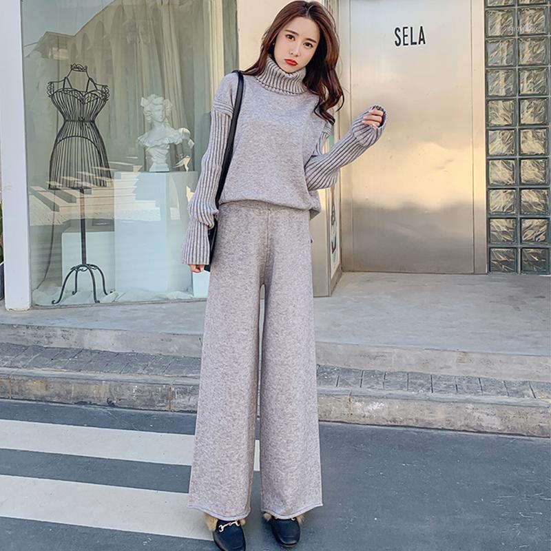 

Turtleneck Pullover 2 Piece Set Women Warm Winter 2021 Knit Sweater Two Top And Pants Tracksuit Korean Women's Tracksuits, Beige