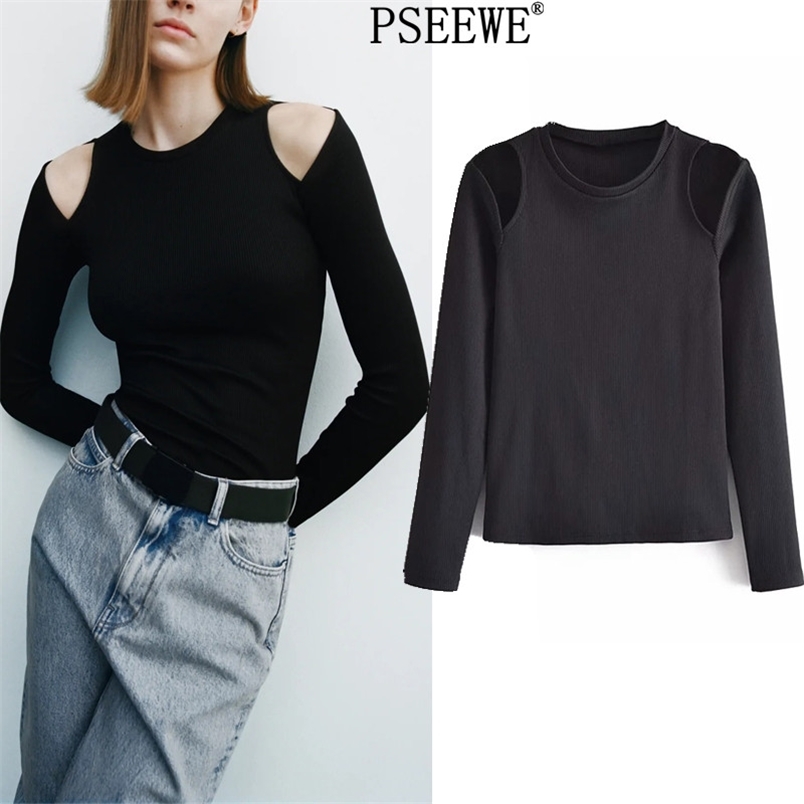 

Woman T-Shirts Cut Out Ribbed Black Women Fashion Long Sleeve Top Female Street Style Slim Sexy 210519
