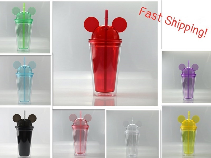 

8 Colors 15oz Mouse Ear Tumblers with Dome Lid 450ml Acrylic Cups Straws Double Walled Clear Travel Mugs Cute Child Kid Water Bottles UK5B
