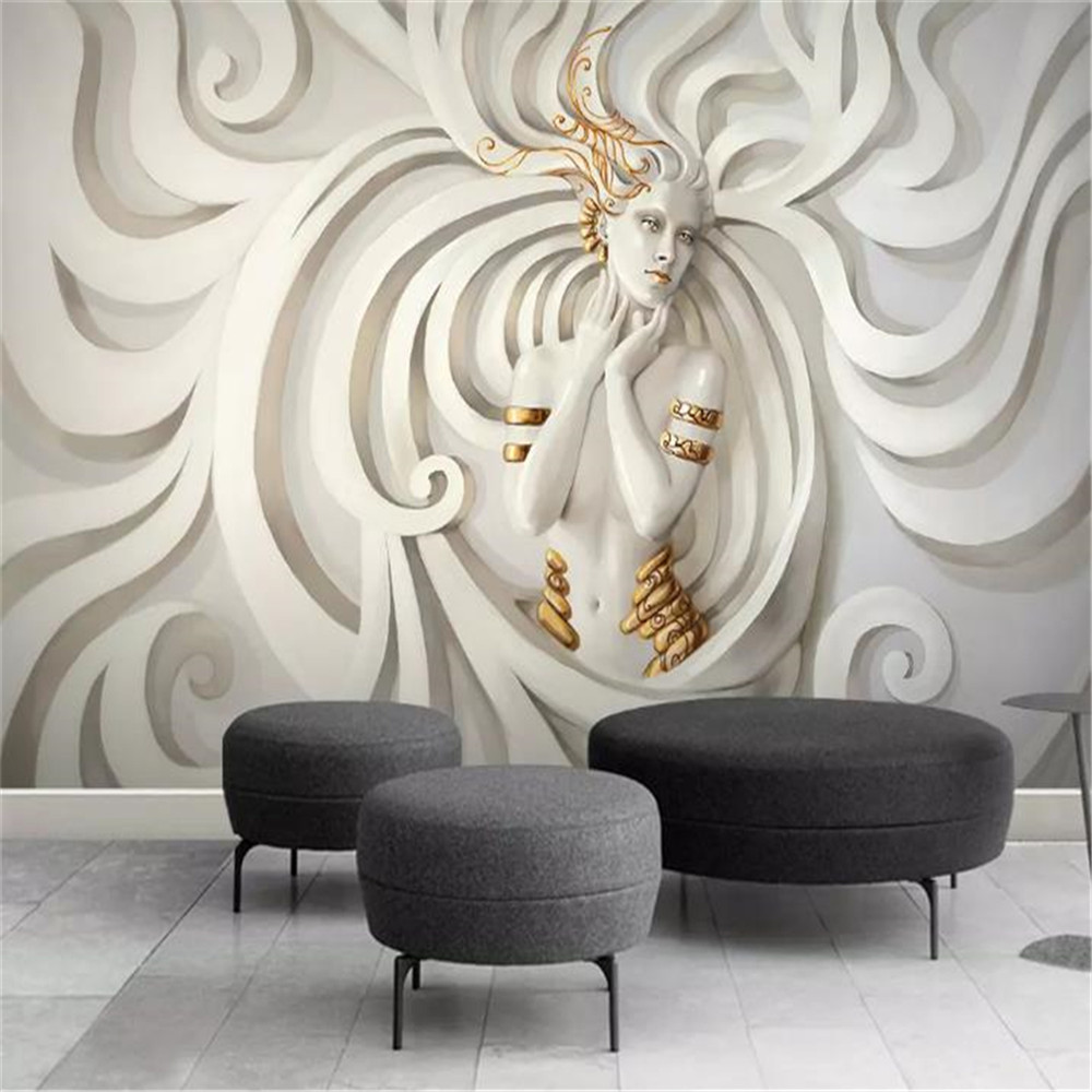 

3d Character Wallpaper Embossed Sculpture Wearing A Golden Circle Beauty Living Room Bedroom Background Wall Decoration Mural Wallpapers, As shown
