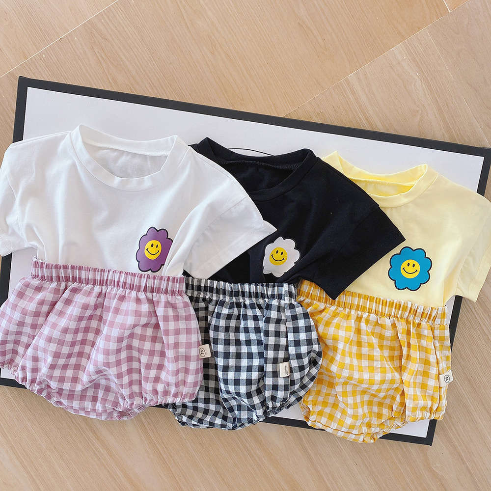 

Baby's Summer Cotton Short Sleeve Plaid bag fart Pants Set men's and women's baby's foreign style T-shirt shorts two pie, White