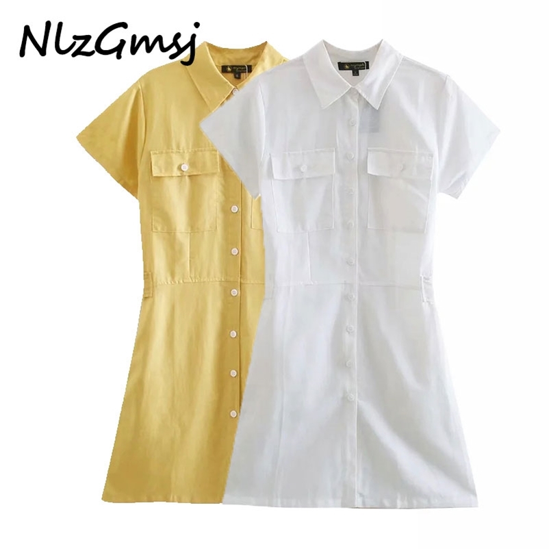 

Dres Summer Yellow Shirt Tunic Pocket Short Sleeve Ladies Mini Vestidos 04 210628, As picture