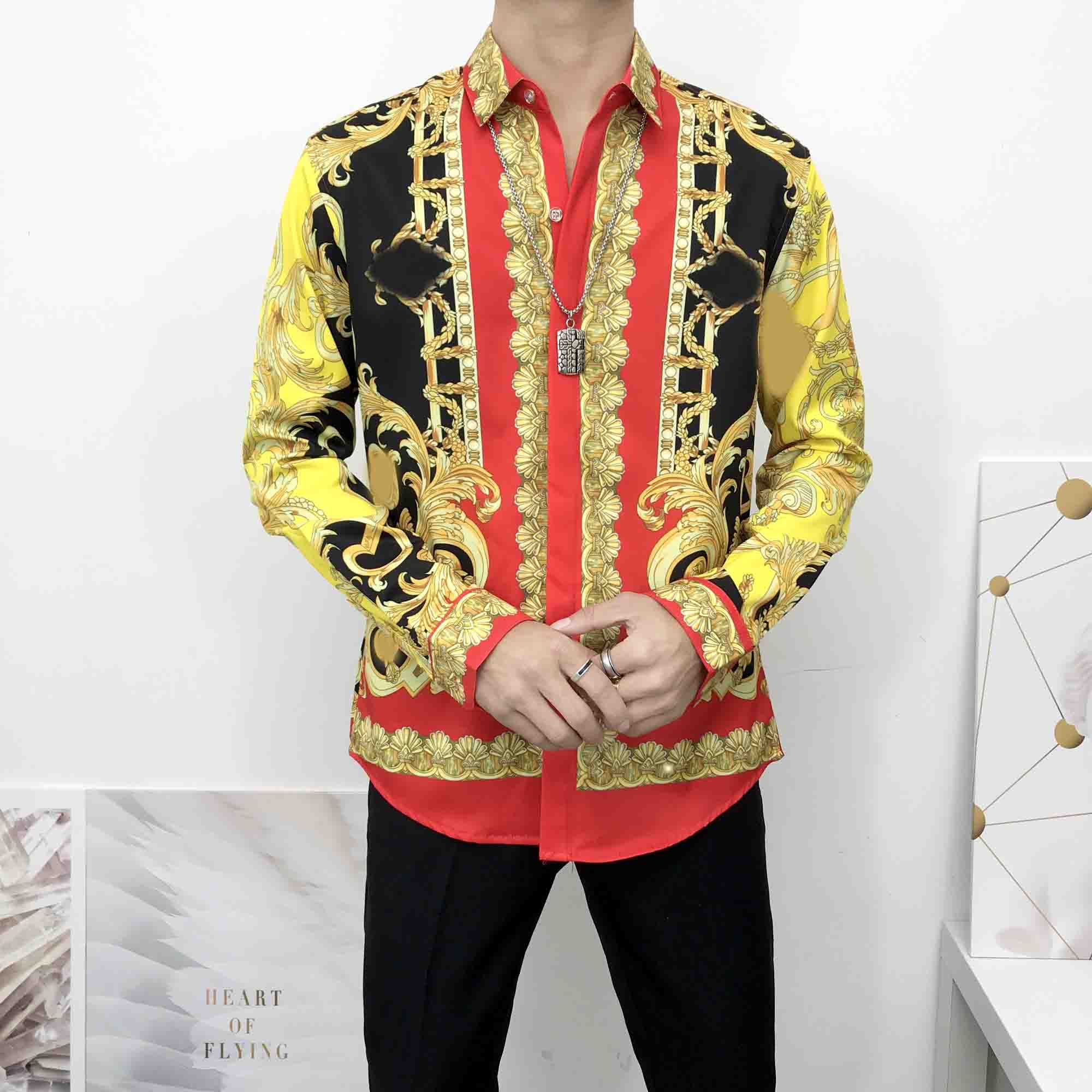 

Fashion designer slim shirt for men 3D MedusaS black gold floral print men's dress long sleeve business casual RCVZ