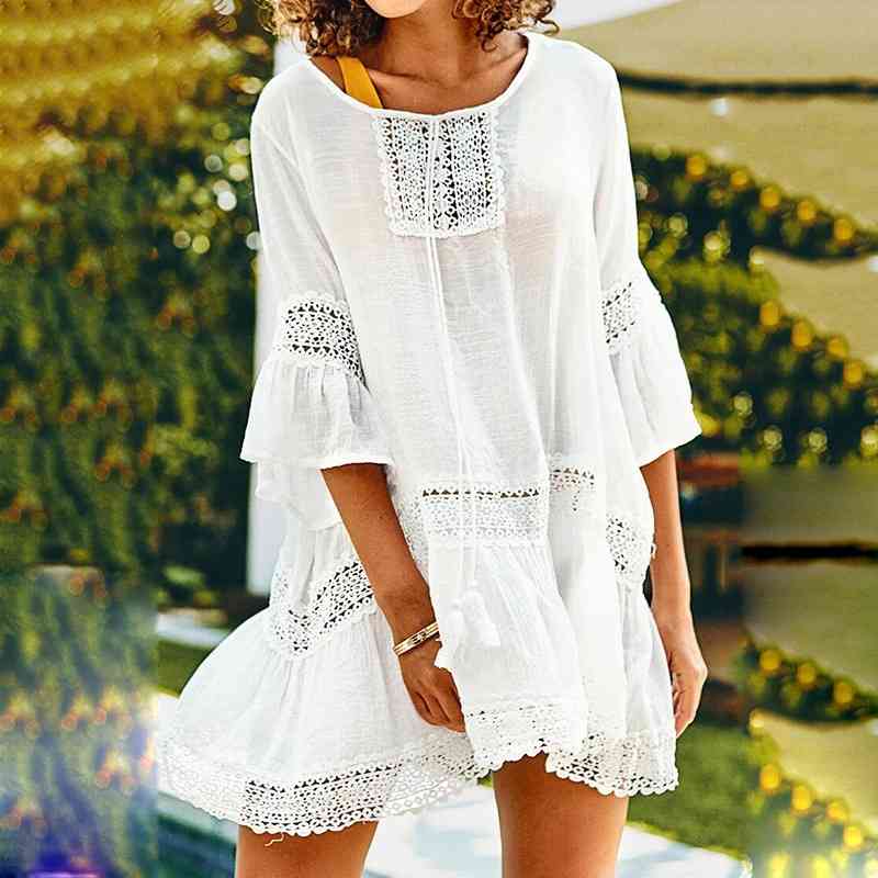 

Tunics for Beach Women Swimsuit Cover-ups Woman Swimwear Cover Up wear Pareo Mini Dress Saida De Praia 210603, White