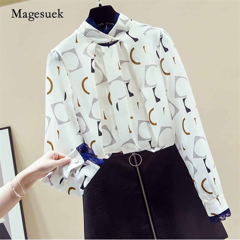 

Women' White Stitching Lace Shirts Long Sleeve Bottoming Shirt Chiffon Blouse Pullover Stand Collar Feminine 11170 210518