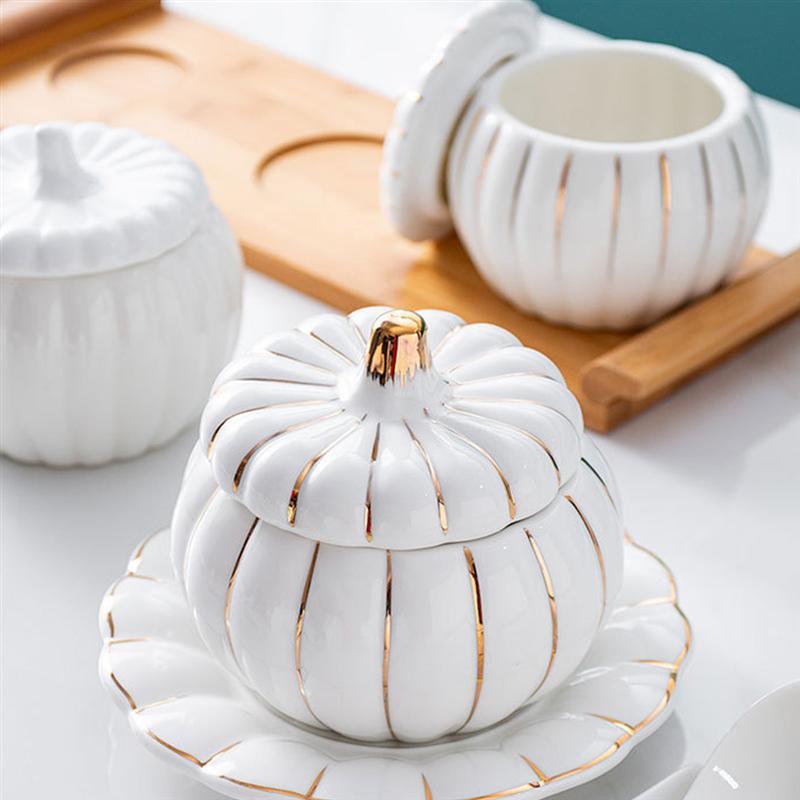 

Mugs 1 Set Ceramic Pumpkin Style Cup Dish Practical Bowl With Lid Unique Soup Mug Kitchenware Home Decoration Prop (White)