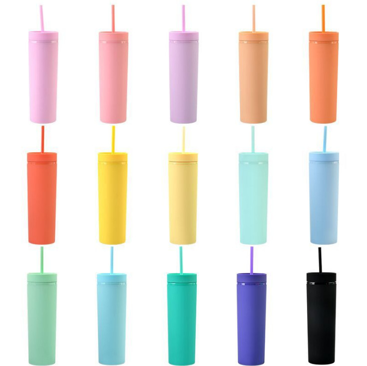 

16oz mugs Acrylic Skinny Tumblers Matte Colors Double Wall 500ml Tumbler Coffee Drinking Plastic Sippy Cup With Lid Straws in stock, Customize