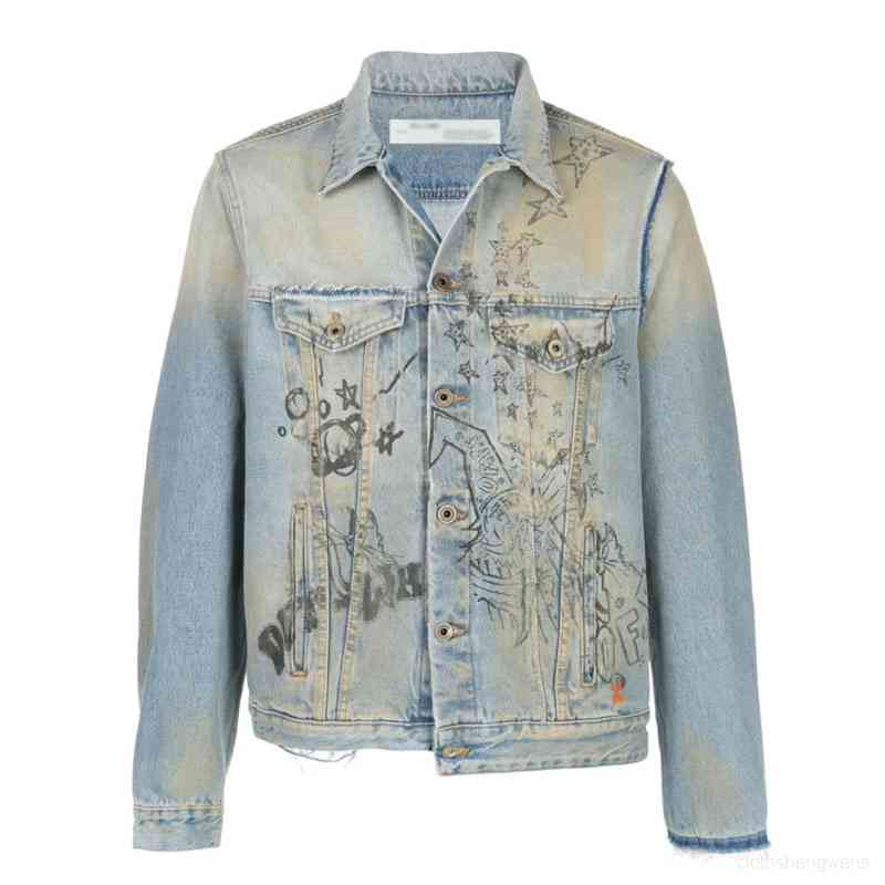 

Men's Hoodies Sweatshirts Off Black White Street Graffiti Jeans Jacket and Women's, Wash blue