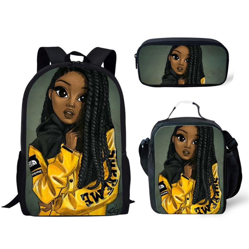 

Art Black Girls Print School Bags Set Bookbags For Teenage Boys 3pcs/set Primary Backpack With Lunch Box Pencil