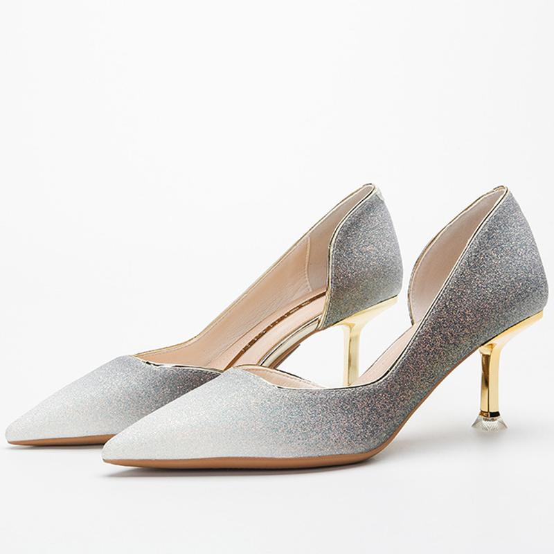 

Brand Fashion Thin Heels Shoes For Women Pointed Toe Gradient Bling Work Office Party Dress Elegant Shallow Pumps Nude, Apricot