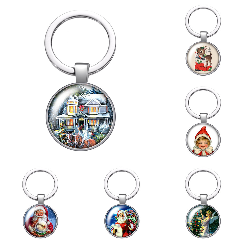 

Christmas Santa Claus Gifts Glass Cabochon Keychain Bag Car Key Chain Ring Holder Silver Color Keychains for Men Women Gifts