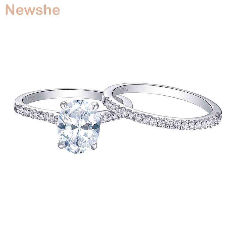 

Newshe 2 Pieces 925 Sterling Silver Wedding Rings Set 1.9Ct Oval Shape AAAAA Zircon Jewelry Engagement Ring Straight Band BR0943