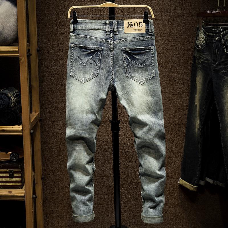 

Arrivals Men's Jeans Elastic Embroidery Ripped Biker Denim Pants, As pic