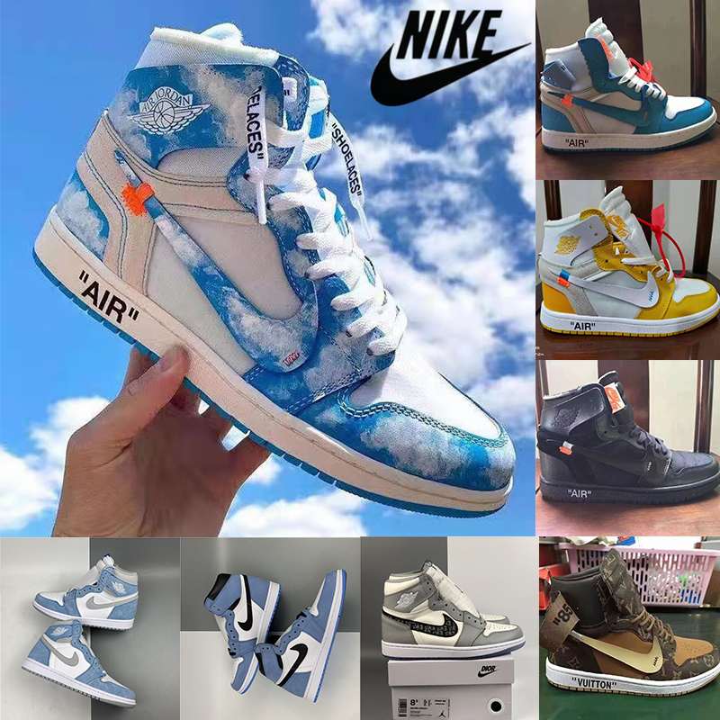 

Nike Air Jordan Retro 1 Basketball Shoes Hyper Royal University Blue x Dior LV Off White Jumpman 1s Mens Sneakers High Quality With Box Size 36-47, Off white_cloud sky