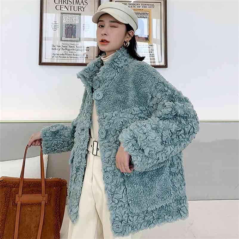 

100% Sheep Sheared Female Brief Paragraph Coat Keep Warm With Thick Fur Compound Lambs Wool Collar Shearling 210517, Green