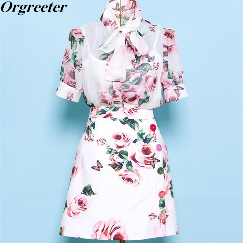 

Fashion Runway Summer Rose Printting Skirt Two Piece Set Women' Bow Chiffon Blouse Tops + A-line Button Skirts Sets 210525, Multi