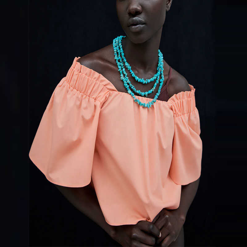 

Za Full Short Sleeve Poplin Summer Top Women Ruching Elastic Shoulders Cropped Blouse Female Chic Off Shoulders Sexy Shirt 210602, As picture