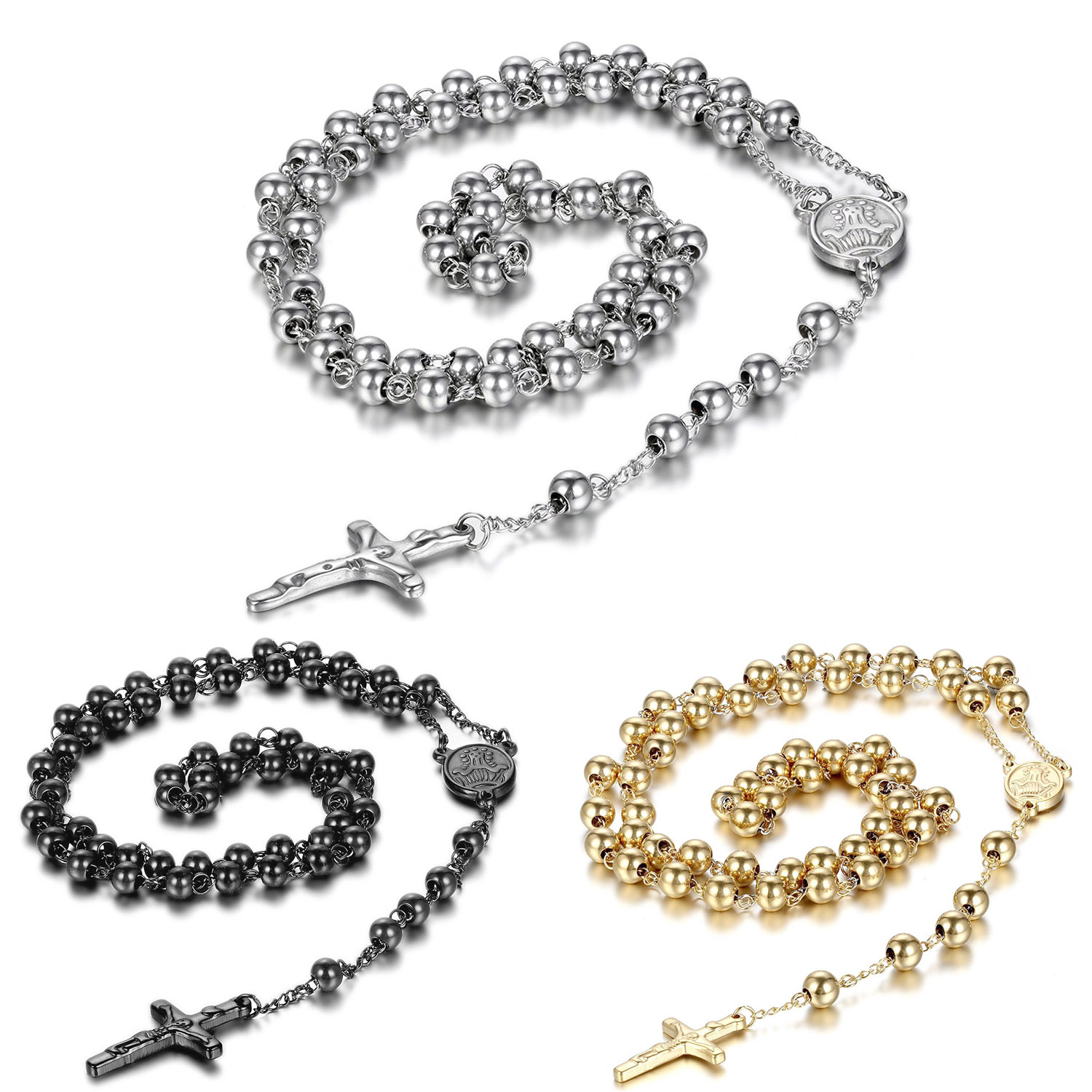 

Men's Women's Stainless Steel Pendant Necklace Christ Jesus Crucifix Cross Rosary Beads Ball Chain