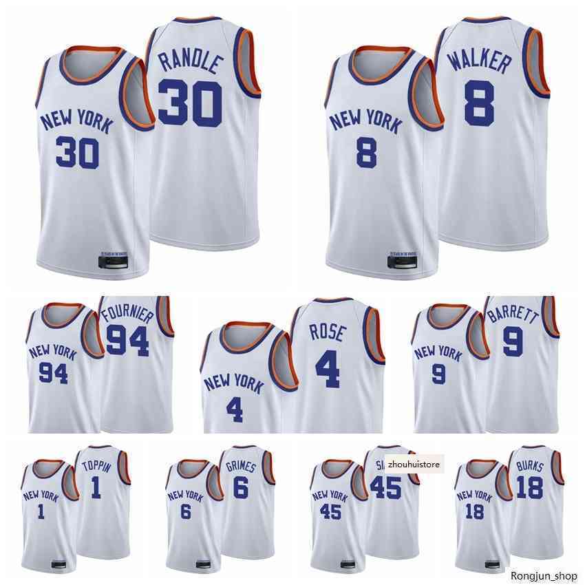 

2021 2022 Screen Print Men Julius Randle Derrick Rose Kemba Walker Evan Fournier RJ Barrett Quentin Grimes 75th Anniversary White Basketball Jersey, Black;red