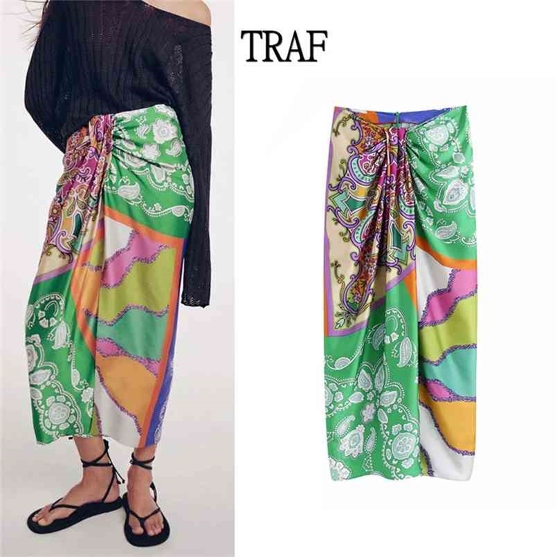 

TRAF Women Skirts Za Summer Ruched Vintage Print Midi Long Skirt Woman Elegant High Waist Back Zipper Split Female 210702, Mixed color