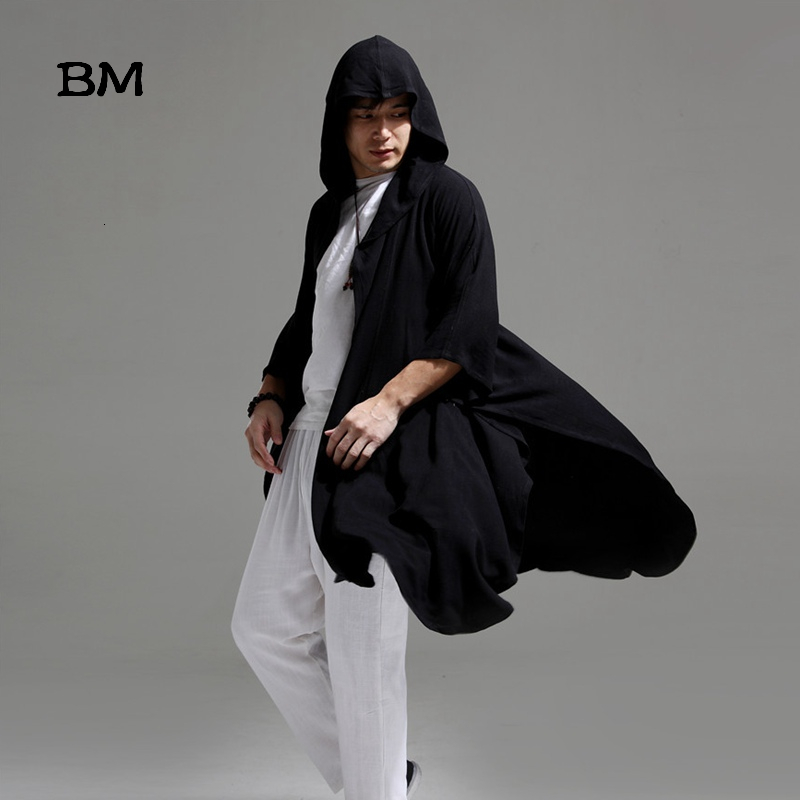 

Men's Trench Coats Spring Autumn Men'S Hooded Bat Shirt Sitting Suit Zen Clothes Chinese Casual Cardigan Windbreaker Long OPJH, Black