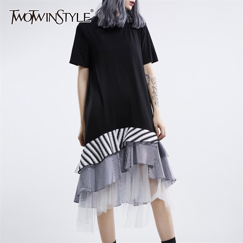 

Elegant Striped Mesh Patchwork Women Dress O Neck Short Sleeve Asymmetrical Hit Color Dresses Female Fashion 210520, Black